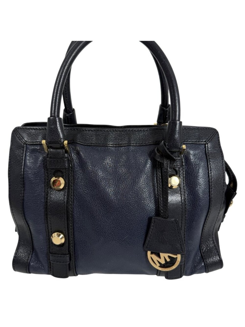 Michael Kors Collins Stud Med Satchel Black/Navy Leather Shoulder Bag +Strap EUC